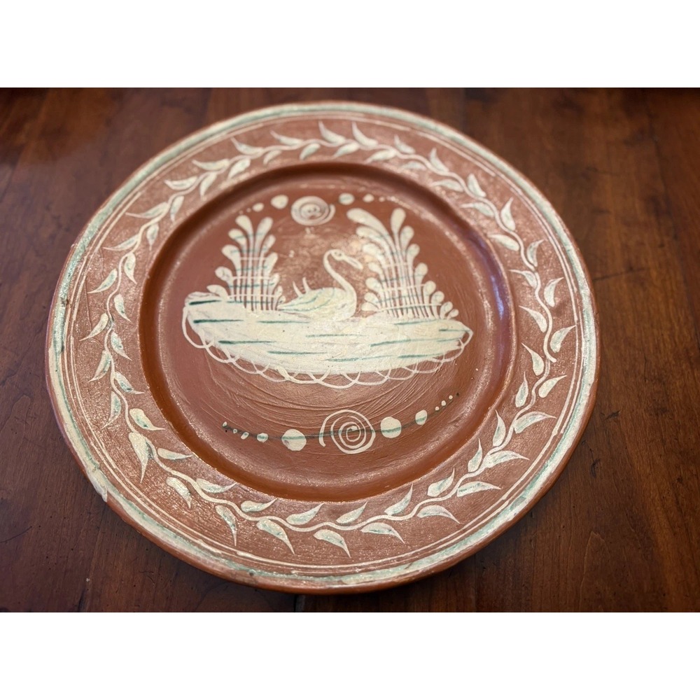 Vintage Mexican Folk Art Terracotta Clay Plate Redware Tlaquepaque Swan 12.5"